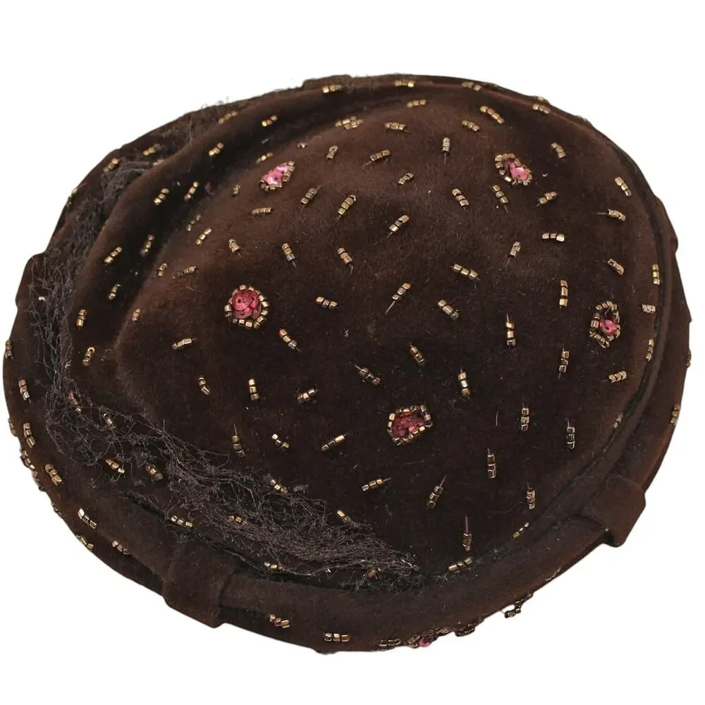 Vintage 40s 50s Brown Felt Hat w Beads Sequins Doyle-Knower Co Utica NY- Hey Viv - Picture 5 of 9